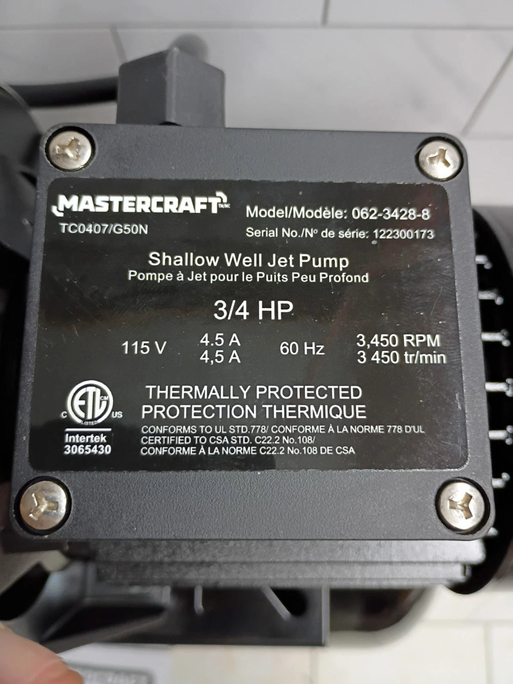 Mastercraft 3/4-HP Shallow Well Electric Jet Pump (Model 062-3428-8) 115V OB