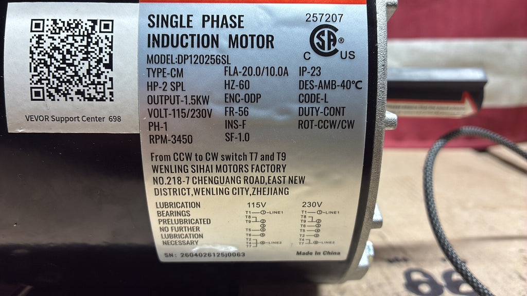 2HP SPL A/C Electric Motor 115/230V 10/20Amp 3450RPM 5/8" Key Shaft DP120256SL