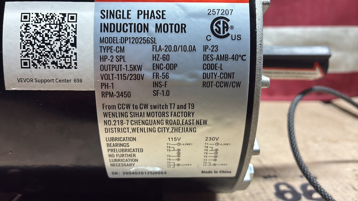 2HP SPL A/C Electric Motor 115/230V 10/20Amp 3450RPM 5/8" Key Shaft DP120256SL