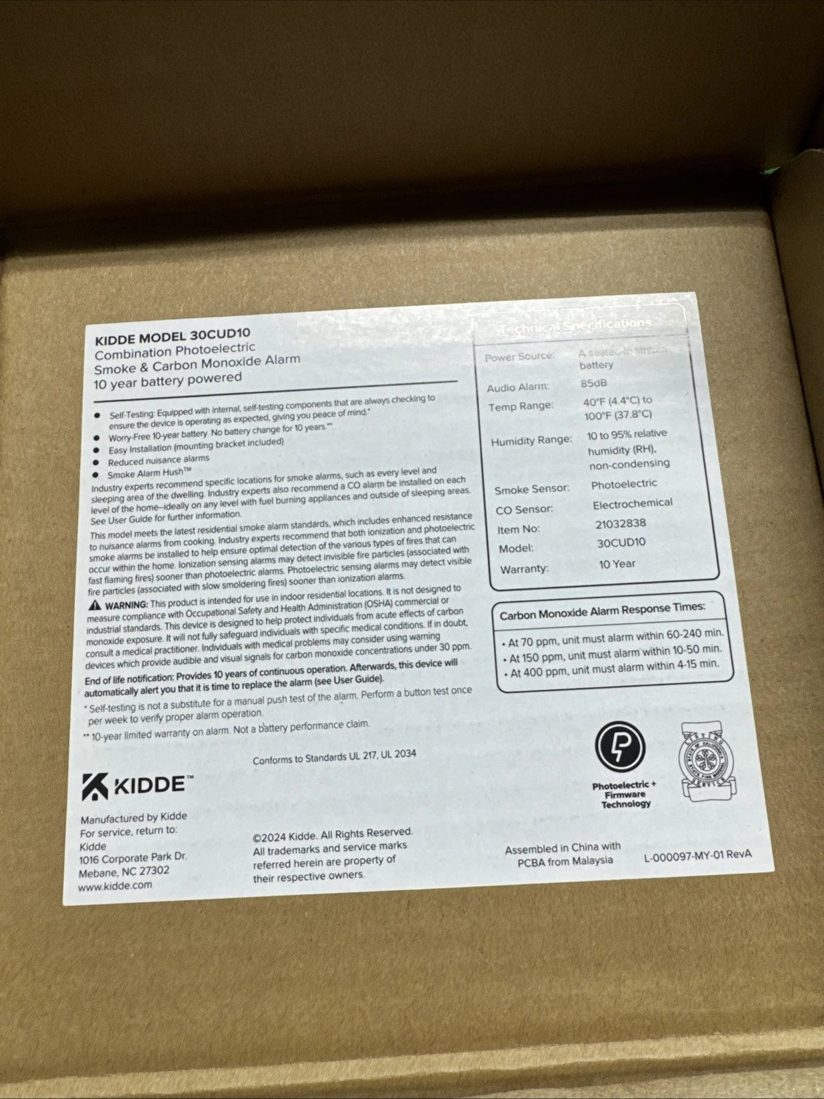 Kidde Smoke & CO Detector, 10-Year Battery, LED Warning Indicators 30CUD10*