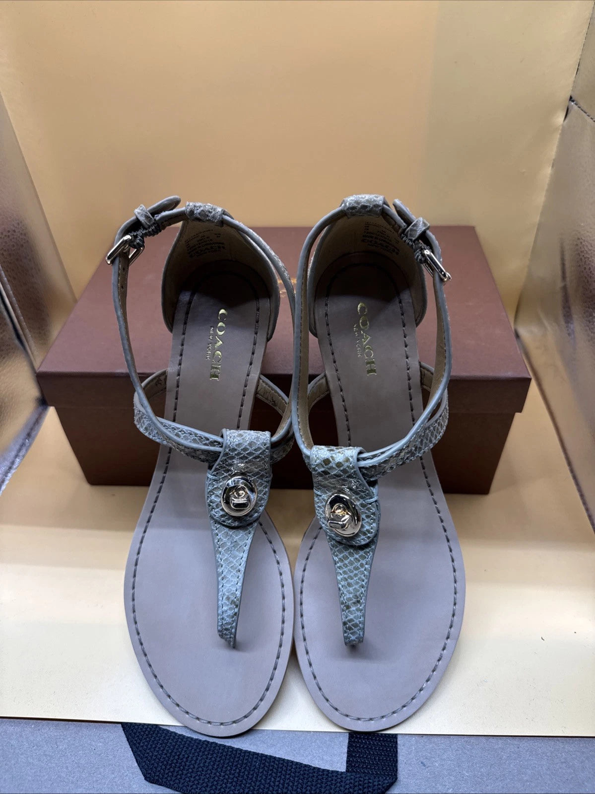 Coach New York Ingrid Natural Snake Print Sandals Size 7M Women's New With Box!