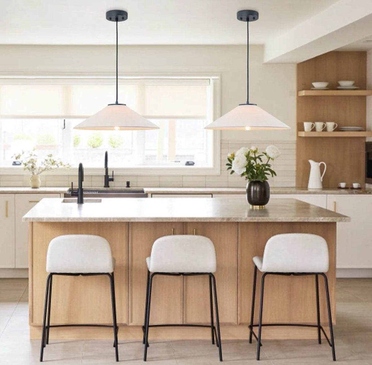 1-Light 25 Inch Large White Linen Shallow Conicle Cage Pendant