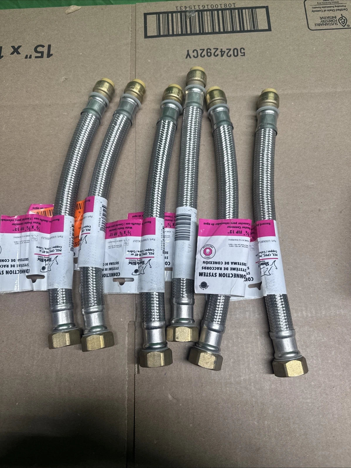 LOT OF 6 SharkBite 1/2 “ x 3/4 “ FIP 12” Water Heater Connectors