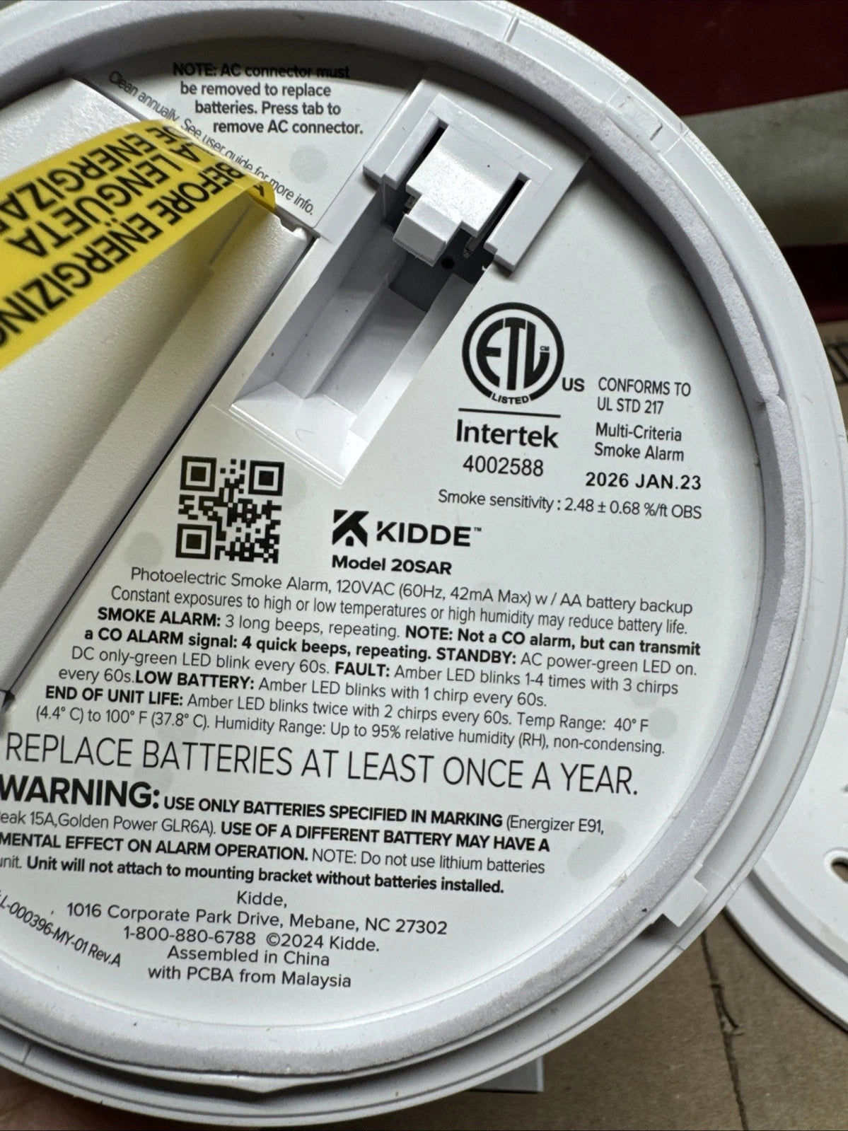 Kidde Detect 20SAR Interconnected Hardwired Smoke Alarm Backup Battery. OPEN BOX