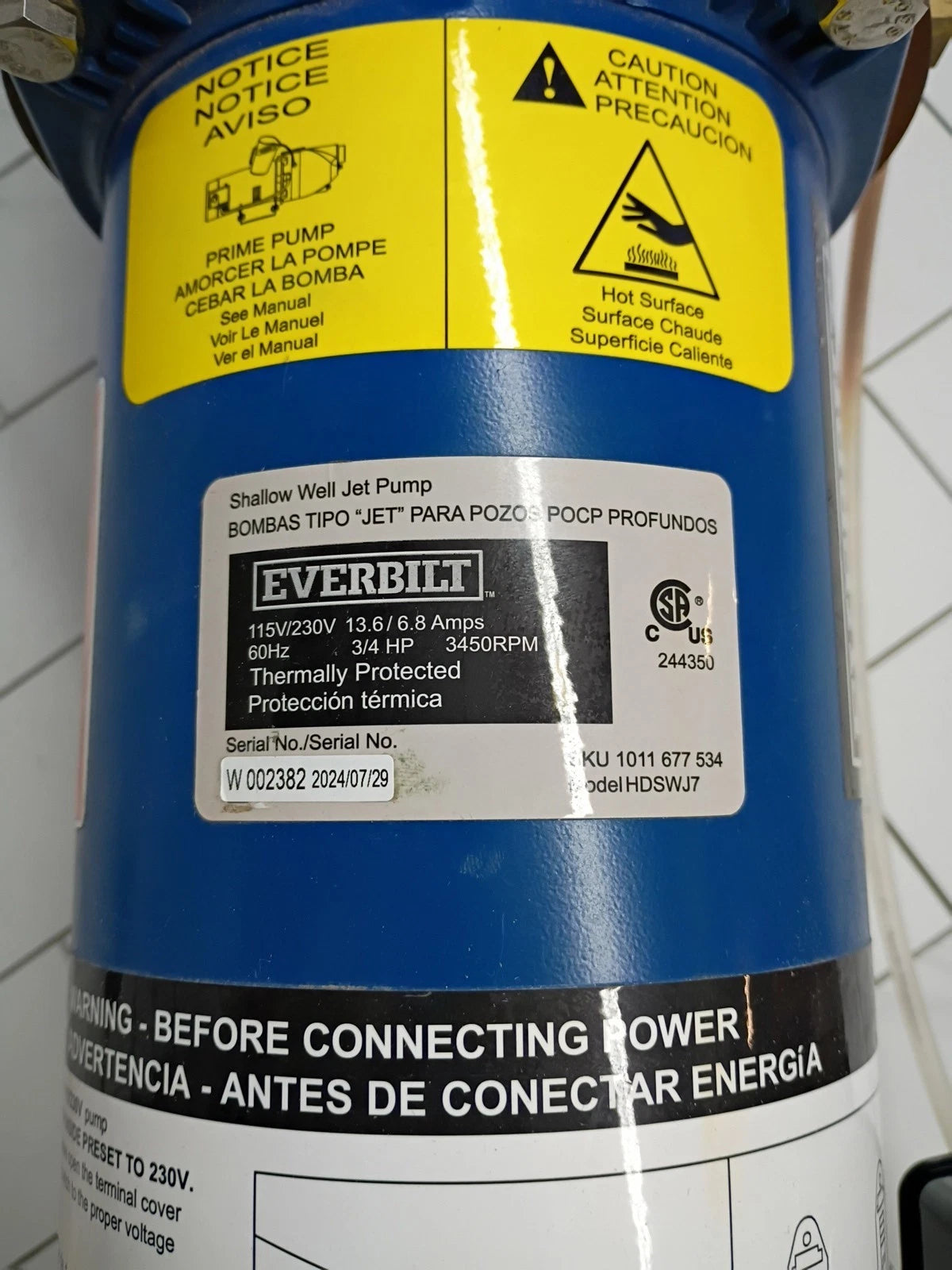 Everbilt 3/4 HP Cast Iron Shallow Well Jet Pump HDSWJ7 as is, For Parts