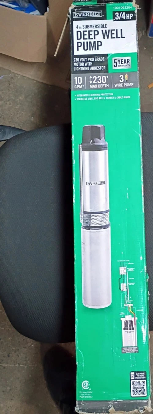 EVERBILT 3/4 HP 4" 10GPM 3 WIRE SUBMERSIBLE DEEP WELL PUMP HDSUB7-103 Open Box