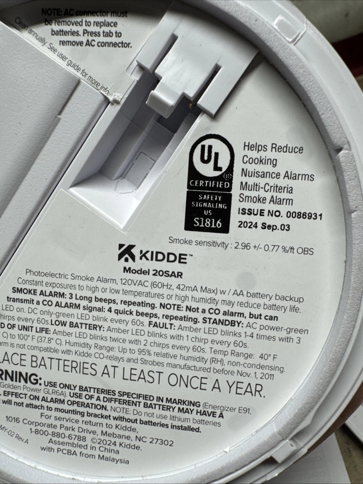 Kidde Detect 20SAR Interconnected Hardwired Smoke Alarm Backup Battery. OPEN BOX